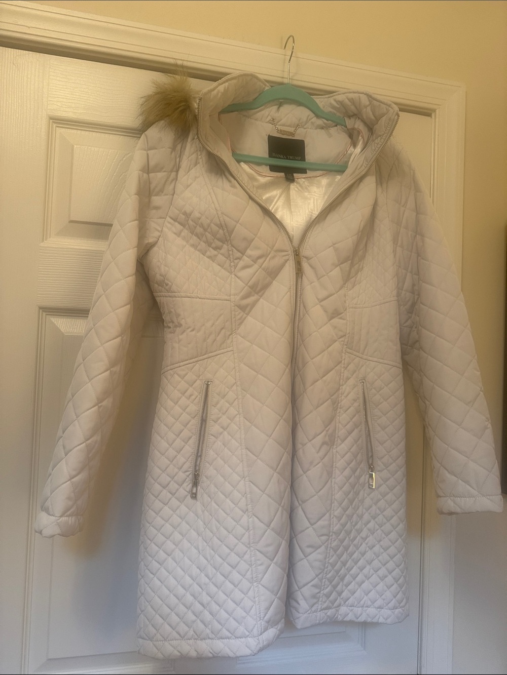 Ivanka Trump Cream Quilted Hooded Puffer Coat with removable Faux Fur Trim